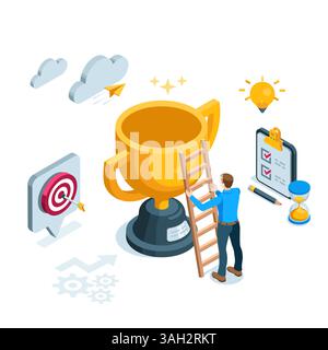 l'uomo isometrico mette una scala a un trofeo d'oro a colori su sfondo bianco, il percorso verso il successo o il raggiungimento di un obiettivo, il desiderio di vincere Illustrazione Vettoriale