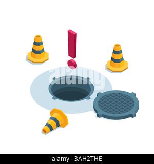 portello aperto isometrico con coni restrittivi e punto esclamativo, a colori su sfondo bianco, avvertenza di pericolo o attenzione Illustrazione Vettoriale