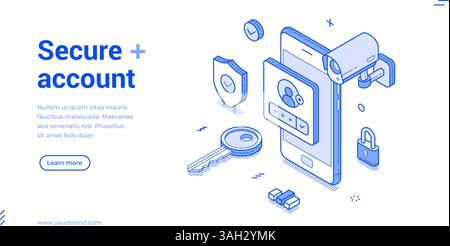 Informazioni sui dati personali account tecnologia di sicurezza immagine vettoriale di banner Web monocromatico isometrico. Verifica utente autenticazione privacy ne Illustrazione Vettoriale