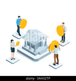 uomini d'affari isometrici con edifici bancari a colori su sfondo bianco, investendo capitale o prendendo un prestito Illustrazione Vettoriale