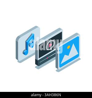 icone isometriche di immagini e video e audio, a colori su sfondo bianco, contenuti multimediali per i social network e internet Illustrazione Vettoriale