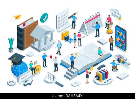 Concetto isometrico sul tema della lettura e dell'apprendimento, a colori su sfondo bianco, le persone leggono libri nella biblioteca online e su Internet Illustrazione Vettoriale