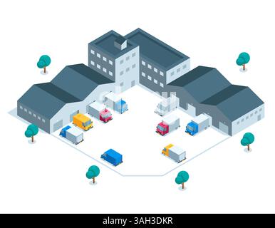 oggetto industriale isometrico sotto forma di magazzino e veicoli a colori su sfondo bianco, carico di merci e trasporto di merci Illustrazione Vettoriale