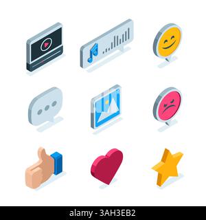 icona isometrica a colori su sfondo bianco, social network e comunicazione itrenet tra utenti, messaggi e reazioni Illustrazione Vettoriale