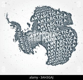 Nuvole di parole delle regioni dell'Antartide. Forma del paese su sfondo testurizzato. Design antartico in stile tipografico. Elegante illustrazione vettoriale. Illustrazione Vettoriale