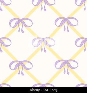Grazioso fiocco a nastro in lavanda con motivo Coquette senza cuciture. Bella Girly si inchina su sfondo bianco con nastri gialli. Modello romantico e femminile alla moda per biglietti d'auguri, tessuto, tessuto, carta da parati, involucro. Illustrazione vettoriale. Illustrazione Vettoriale