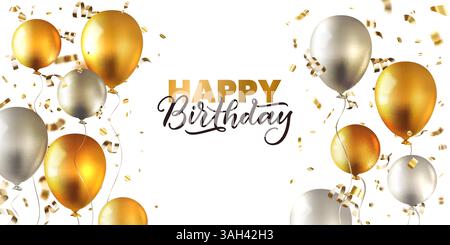Banner, poster, modello di design per biglietti d'auguri con palloni aerostatici 3d realistici dorati e argentati. Festa di anniversario Vector lucida Illustrazione Vettoriale