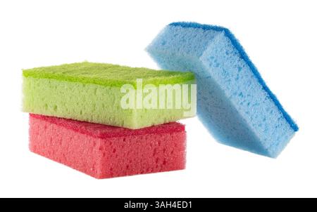 Tre spugne da cucina in rosso, verde e blu Foto Stock