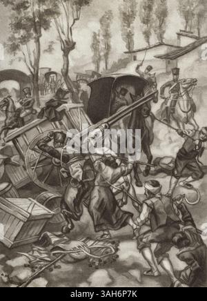 Guerra d'indipendenza spagnola (1808-1814). Guerriglia nelle catene montuose iberiche aragonesi. Assalto di un convoglio francese in viaggio verso Teruel, 1810. "Il popolo di cella venne e si gettò su di loro..." Los Guerrilleros de 1808. Historia Popular de la Guerra de la Independencia, di Enrique Rodríguez-Solís. Volume I. pubblicato a Madrid, 1930. Foto Stock