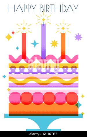 Biglietto di auguri di buon compleanno con torta arcobaleno a più strati. Illustrazione geometrica piatta vettoriale isolata su sfondo bianco. Invito alla festa di Natale Illustrazione Vettoriale