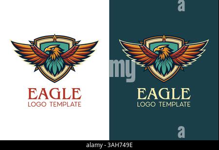 Design del logo dell'aquila testa dell'aquila, modello modificabile per illustrazione con ala volante, immagine reale del logo dell'aquila calva, grafica vettoriale, logo della mascotte Illustrazione Vettoriale