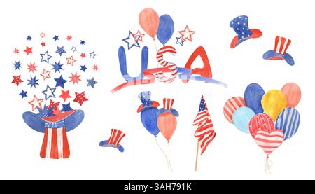 Bandiere americane, stelle, cappelli, palloncini, illustrazione acquerello sfondo isolato. Simboli tradizionali delle festività nei colori nazionali. Felice 4 luglio Foto Stock