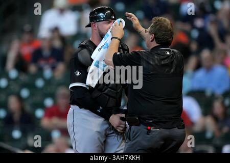 MAGGIO 29 2015: Il ricevitore dei Chicago White Sox Tyler Flowers n. 21 viene trattato dall'allenatore dopo aver subito un infortunio al naso durante la partita di baseball della MLB tra gli Houston Astros e i Chicago White Sox del Minute Maid Park di Houston, Texas. (Erik Williams/CSM)(immagine di credito: © Erik Williams/Cal Sport Media/ZUMAPRESS.com) Foto Stock