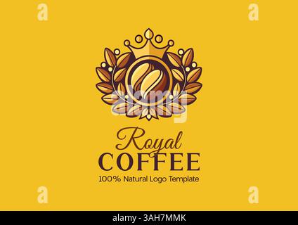 Design del modello con logo Royal Coffee con colori del caffè, illustrazione vettoriale modificabile, logo del caffè con corona e ghirlande vettoriali in alloro reale Illustrazione Vettoriale