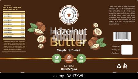 Design dell'etichetta Premium Hazelnut Butter, modello di imballaggio Organic Nut Spread alta qualità per la stampa di testo in lettere marroni e dorate pronte all'uso Illustrazione Vettoriale