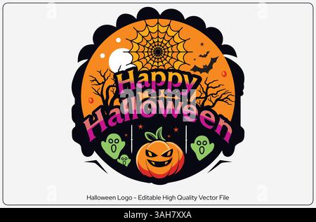 Logo Happy Halloween Celebration, Spooky Night Party, Trick or Treat Illustration Illustrazione Vettoriale