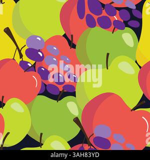 Motivo senza cuciture con frutta mela uva e pera; frutta abbondante motivo continuo; può essere stampato su un panno di cera, un panno di olio, un mantello, un panno da tavola Illustrazione Vettoriale