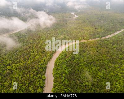 Vista aerea con droni della foresta di mangrovie di Sundarbans a Khulna, Bangladesh Foto Stock