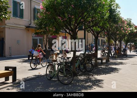 Strada ombreggiata da oleandri in fiore nel centro della città costiera, con persone che in estate pedalano e riposano sulle panchine, forte dei Marmi, Toscana Foto Stock