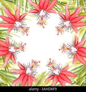 Telaio ad acquerello rosso passiflora isolato su bianco. Clipart natura della foresta pluviale disegnato a mano, stile di schizzo. Cornice rotonda perfetta per carte e tessuti Foto Stock