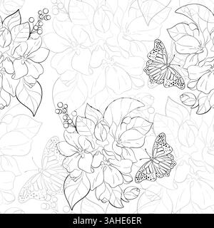 Motivo vettoriale senza cuciture - bouquet con farfalla, fioritura di ciliegio giapponese, arte sakura. Bouquet di mele. Silhouette nera per il circuito Illustrazione Vettoriale