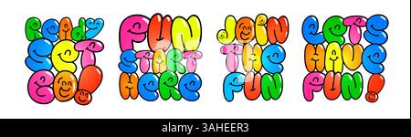 Frasi colorate e divertenti come Lets Have Fun e Ready Set Go, con volti sorridenti e vivace stile cartone animato su sfondo bianco. Vettoriale giocoso Illustrazione Vettoriale
