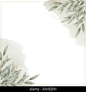 Modello di carta Acquerello con diversi rami di eucalipto su un colore selvaggio su schizzi di acquerello verde e cornice dorata con spazio vuoto per il tuo Foto Stock
