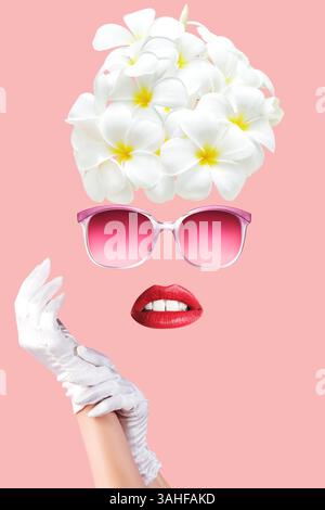 Arte contemporanea poster collage con le immagini e gli elementi della moderna dal design minimale. Concetto di cosmetici e make up arti. Lady Red Lips. Foto Stock