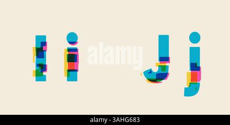 Alfabeto composto da lettere multicolore con effetto glitch, lettere minuscole e maiuscole i, J Foto Stock