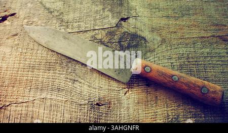 25 maggio 2015 - vecchio coltello arrugginito su un vecchio tavolo di legno. Foto vecchio stile (immagine di credito: © Igor Golovniov/ZUMA Wire/ZUMAPRESS.com) Foto Stock