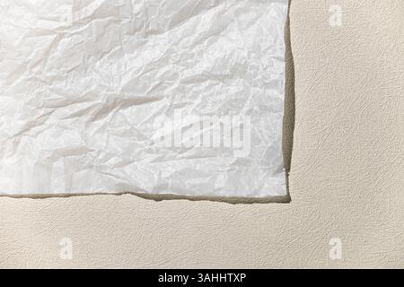 Sfondo monocromatico neutro con un foglio bianco vuoto. Vista dall'alto, stile minimalista pulito in colori neutri, spazio per il testo. Foto Stock