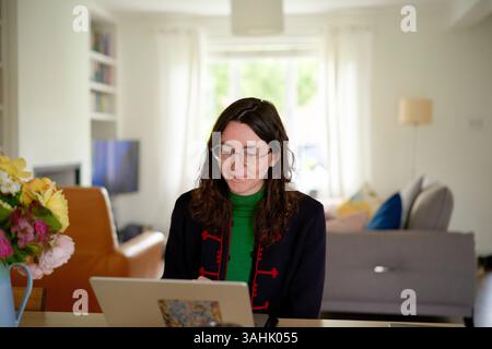 Una donna con occhiali lavora su un notebook in un salotto accogliente e ben illuminato. Dublino, Irlanda Foto Stock