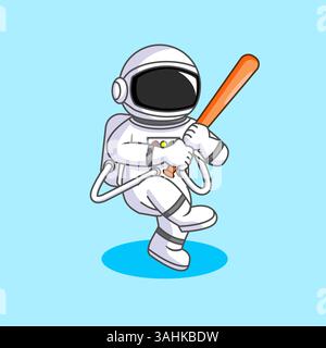 Simpatico astronauta pronto a colpire Baseball Vector Illustration Cartoon Design Illustrazione Vettoriale