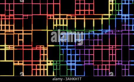 Griglia colorata di linee al neon intersecanti su sfondo nero che formano motivi geometrici. Illustrazione del frullatore 3D. Foto Stock