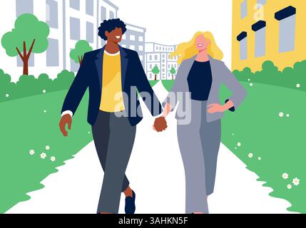 Illustrazione di due persone che camminano mano nella mano lungo un sentiero in un colorato parco urbano. Foto Stock