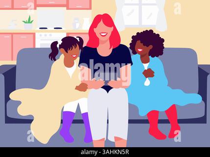 Illustrazione di una donna con due bambini in mantelle o coperte da supereroi sedute su un divano, sorridenti e che usa un tablet. Foto Stock