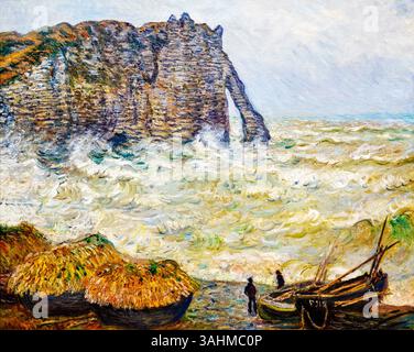 Stormy Sea in Étretat (1883) di Claude Monet - paesaggio costiero impressionista, drammatica Seascape, dominio pubblico, alta risoluzione Art Print Foto Stock