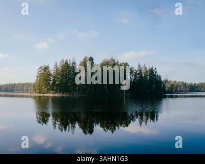 Un tranquillo lago in Svezia, caratterizzato da un'isola circondata da alberi lussureggianti, con una splendida riflessione sull'acqua calma. La scena tranquilla e tranquilla c Foto Stock