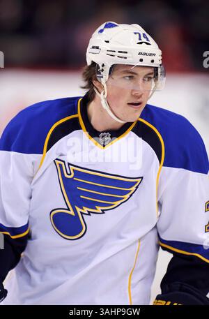 28 ottobre 2011 - Calgary, Alberta, Canada - foto del profilo del giocatore NHL su T.J. Oshie dei St. Louis Blues durante una recente partita a Calgary. (Immagine di credito: © Larry MacDougal via ZUMA Wire) Foto Stock
