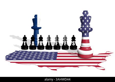 Scacchi fatti con bandiere americane e finlandesi. Il commercio, le tariffe e la guerra dei dazi tra l'Unione europea e gli Stati Uniti Foto Stock