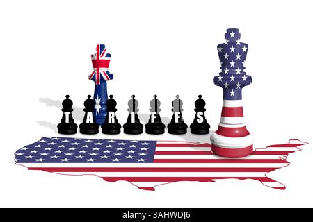 Scacchi fatti con bandiere americane e australiane. Il commercio, le tariffe e la guerra dei dazi tra l'Unione europea e gli Stati Uniti Foto Stock
