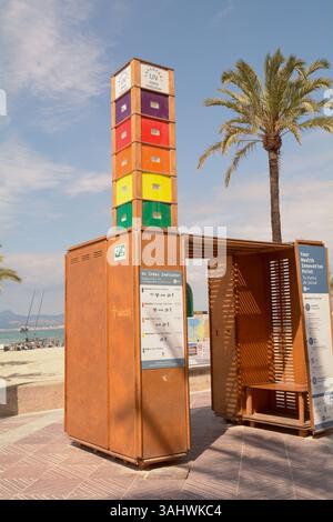 Indicatore di indice ultravioletto (UV) per avvisare i turisti del pericolo del sole a S'Arenal, isola di Maiorca, Spagna Foto Stock