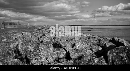 Vista rocciosa dell'estuario del Severn, da St Brides Newport, Galles del Sud. Foto Stock