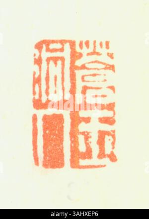 Un sigillo cinese semplificato tradizionale, comunemente usato con inchiostro rosso per contrassegnare documenti e opere d'arte per denotare proprietà e autenticità. Foto Stock
