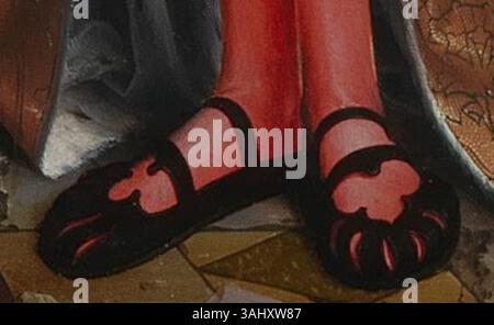 Questo dettaglio ad alta risoluzione dell'Adorazione dei Magi di Jan Gossaert (1510-1515) si concentra sulle figure religiose che circondano il bambino Cristo, tra cui i tre Magi biblici e la Vergine Maria. Il dipinto ad olio su legno di quercia è ospitato presso la National Gallery. Foto Stock