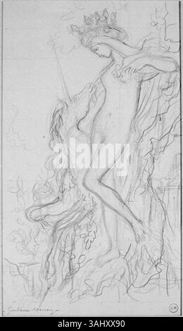 "Etude pour la Licorne" di Gustave Moreau, creato tra il 1850 e il 1895, è uno studio per una scena in cui una donna con una corona, in piedi accanto a un unicorno. L'opera riflette i temi mitologici e simbolici di Moreau. È ospitato nel Museo Gustave Moreau. Foto Stock