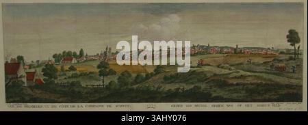 Un'incisione colorata che mostra una vista di Bruxelles da Scheut, creata da Antoine Cardon su disegno di Jean-Baptiste Waghemans. L'incisione, di 190 x 525 mm, mostra la vista sulla città europea del XVIII secolo. Foto Stock