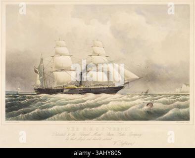 La stampa litografica della nave della Royal mail Steam Packet Company "Trent", creata da W. Jeffreson intorno al 1860, è un acquatinta colorata a mano con incisione e incisione. Include un'iscrizione e una dedica alla compagnia, firmata dall'artista. Il pezzo è una rappresentazione storica di un piroscafo del XIX secolo. Foto Stock