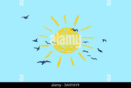 Sole luminoso con i raggi. Cielo soleggiato e sagoma di uno stormo di colombe o gabbiani. Colorate matite di cera per bambini che disegnano paesaggi. Vettoriale ingenuo e divertente Illustrazione Vettoriale