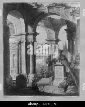 Le "rovine romane con figure" di Giovanni Paolo Pannini presentano un pittoresco capriccio architettonico con le rovine dell'antica Roma con personale. La scena è impregnata sia di accuratezza storica che di immaginazione artistica, segno distintivo del lavoro di Pannini. Dipinto nel 1700, riflette il fascino dell'antichità classica. Foto Stock